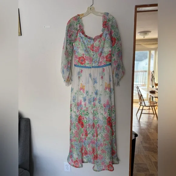 Vintage 1970s Pastel Floral Garden Maxi Dress Sheer Peasant Sleeve Womens Sz Lg - Picture 5 of 15
